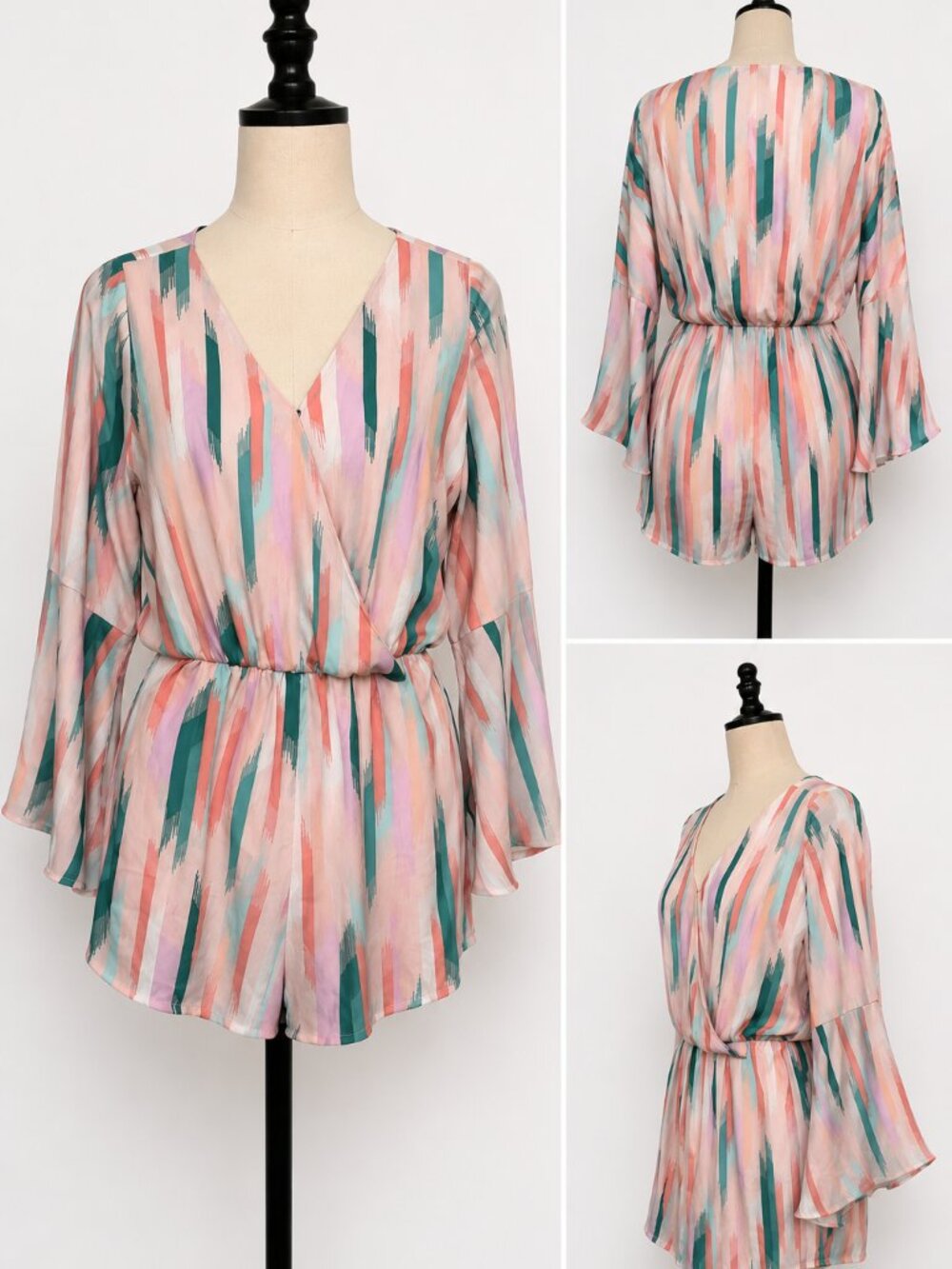 Decree Pink Teal Abstract Print Romper Bell Flare Sleeve Surplice Size M